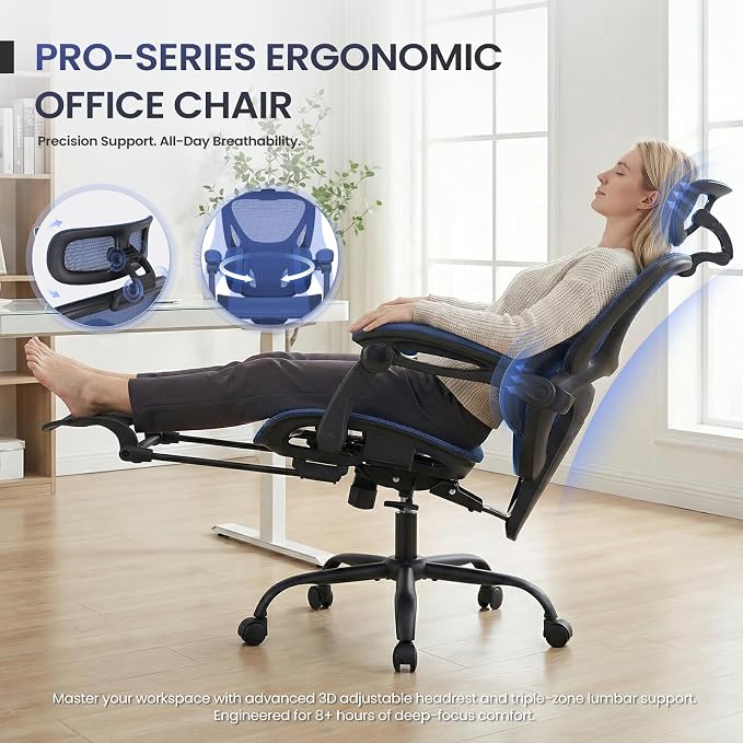 MALOL Ergonomic Mesh Office Chair with Footrest, Executive High Back Computer Desk Chair with 3D Adjustable Headrest & 5-Level Lumbar Support, Reclining Tilt Lock, 3D Arms, 300LBS Capacity, Blue