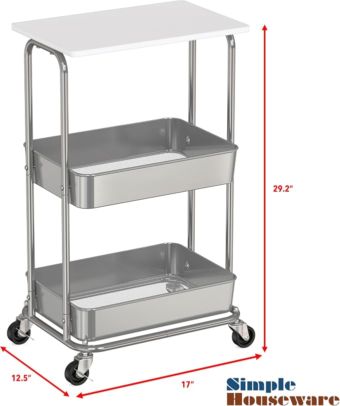 Simple Houseware 2-Tier Rolling Utility Cart with Lockable Wheels and Wood Top, Metal Storage Organizer Trolley for Kitchen, Bathroom, Office, Craft Room, White