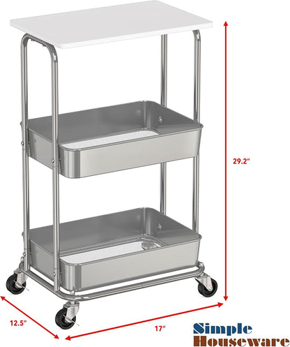 Simple Houseware 2-Tier Rolling Utility Cart with Lockable Wheels and Wood Top, Metal Storage Organizer Trolley for Kitchen, Bathroom, Office, Craft Room, White