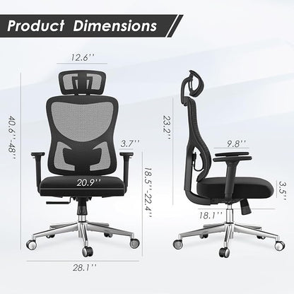 Soohow Ergonomic Office Chair,Mesh Desk Chair with Adjustable Lumbar Support and Headrest,Comfy Computer Chair with 3D Armrest Recling Swivel Chair for Home and Office, Black & Black