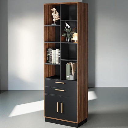 ModernMate Wood Bookcase with 2 Drawers and Doors, 8 Storage Cubes, 73.3" Tall Bookshelf, Modern Bookcases, Wooden Bookshelves for Home and Office, Living Room, Study, Black Walnut