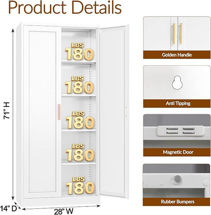 BESFUR 71" Tall White Kitchen Pantry Cabinet, Metal Food Storage Cabinet with 4 Adjustable Shelves, Freestanding Cupboard with Doors for Kitchen, Dining Room, Living Room, Bathroom, Laundry Room