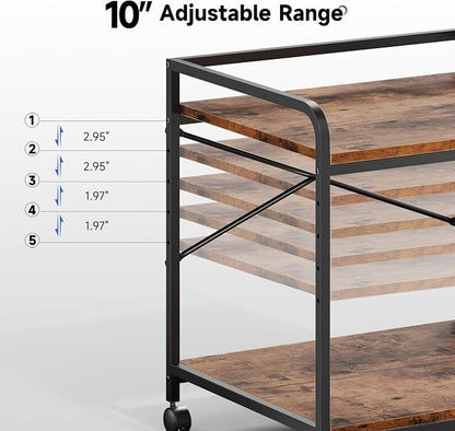 Under Desk Printer Stand, 22''W X 20''D X 22.4''H Mini Fridge Stand, Printer Shelf, Large Printer Table with Height Adjustable, 2 Tier 3D Printer Cart with Wheels for Home Office Storage, Rustic Brown