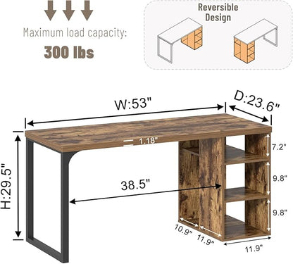 EXCEFUR Computer Desk for Home Office, Modern Writing Desk with Reversible Storage Shelves, Wood and Metal Gaming Study Table Workstations, 53 Inch, Rustic Brown
