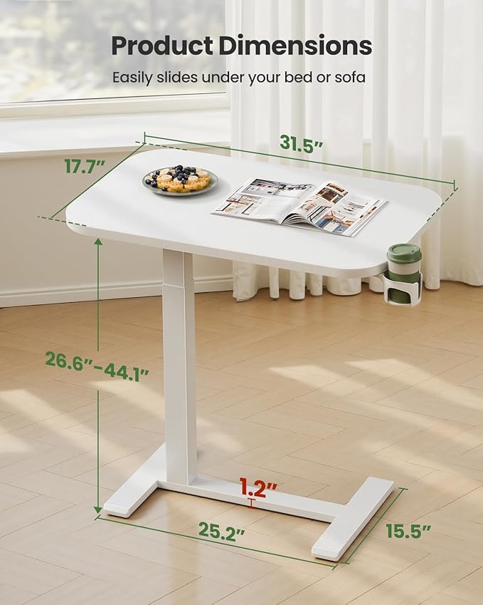 Marsail 32×16″ Overbed Table with Hidden Wheels, Pneumatic Adjustable Bedside Table, Mobile Rolling Table with 360° Hideable Cup Holder, White