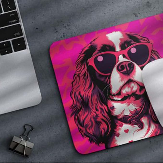 Pink Mousepad Glamour Dog Charles Spaniel Mouse Pad for Home Office Gaming Working Desk Computer Desktop Accessories Non-Slip Rubber Mousepad for Dog Lovers