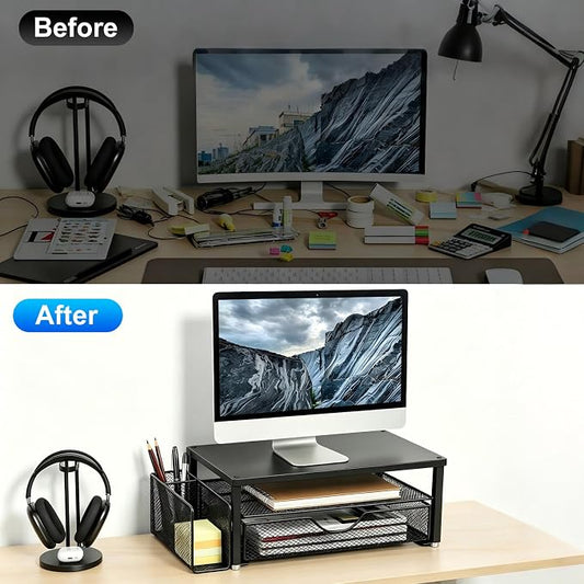 Spacrea Desk Organizer and Accessories, Computer Monitor Stand Riser with Drawer and 1 Open Pen Holder, Printer & Laptop Stand, Office Desk Accessories for Home Office Supplies (Black)