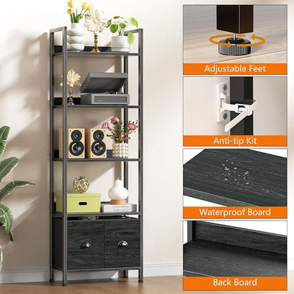 Furologee 5-Tier Bookshelf Set of 2, Tall Bookcase with 2 Drawers and Shelves, Industrial Display Free Standing Shelf Units, Storage Rack Organizer for Bedroom, Living Room, Home Office, Black Oak
