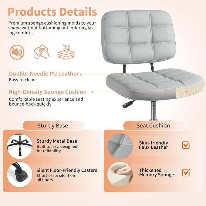 Armless Home Office Desk Chair - Small Swivel Office Desk Chairs with Rolling Wheels - Adjustable PU Leather Computer Chair with Comfy Low Back - For Small Space, Bedroom, Home, Vanity - Light Gray