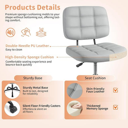 Armless Home Office Desk Chair - Small Swivel Office Desk Chairs with Rolling Wheels - Adjustable PU Leather Computer Chair with Comfy Low Back - For Small Space, Bedroom, Home, Vanity - Light Gray
