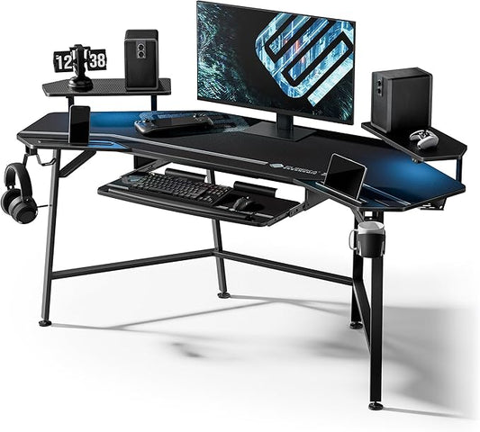 EUREKA ERGONOMIC Aero 72 Inch Gaming Desk with Keyboard Tray, Large Computer Desk Led Lights, Wing-Shaped Monitor Stand Dual Headphone Hanger Cup Holder for Studio,Streamer,Live,Black