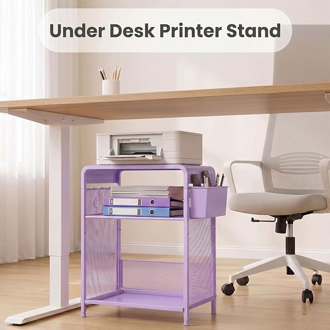 ECOLOVI 3 Tier Printer Stand for Under Desk, Height Adjustable Shelf Small Printer Table with 3 S-Hooks & Basket, Heavy Duty Industrial Storage Shelf for Home Office (Purple Metal)