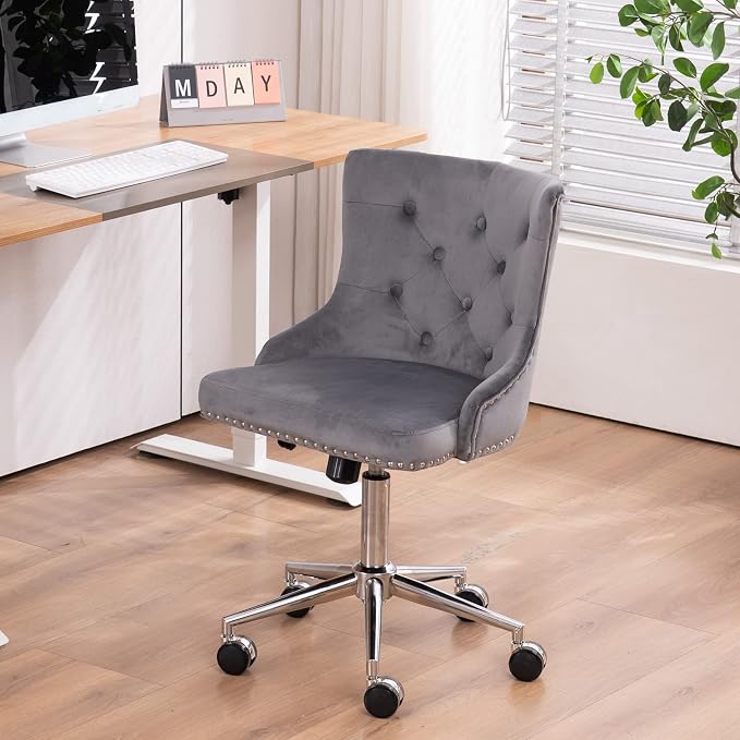 VINGLI Grey Velvet Armless Home Office Desk Chair with Silver Chrome Base/Wheels, Small Cute Vanity/Makeup Chair with Back for Bedroom, Upholstered Adjustable Rolling Swivel Nail Chair for Women/Girls