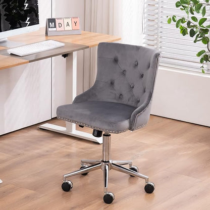 VINGLI Grey Velvet Armless Home Office Desk Chair with Silver Chrome Base/Wheels, Small Cute Vanity/Makeup Chair with Back for Bedroom, Upholstered Adjustable Rolling Swivel Nail Chair for Women/Girls