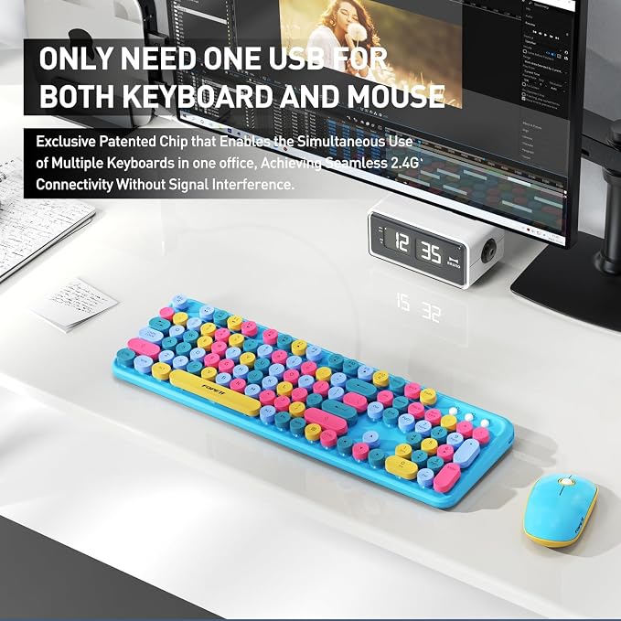 Wireless Keyboard and Mouse Combo, 2.4 GHz Wireless Full-Sized Typewriter Gaming Keyboard with Round Keycaps for Windows, Computer, Desktop, PC, Laptop (Blue)