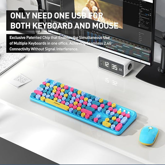 Wireless Keyboard and Mouse Combo, 2.4 GHz Wireless Full-Sized Typewriter Gaming Keyboard with Round Keycaps for Windows, Computer, Desktop, PC, Laptop (Blue)
