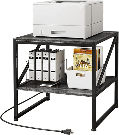 2-Tier Large Priner Stand with Charging Station, 20"×20" Under Desk Printer Table with Power Outlets and USB Ports for Home Office, Mini Fridge Stand, Storage Shelf for Scanner Fax Machine, Grey Oak