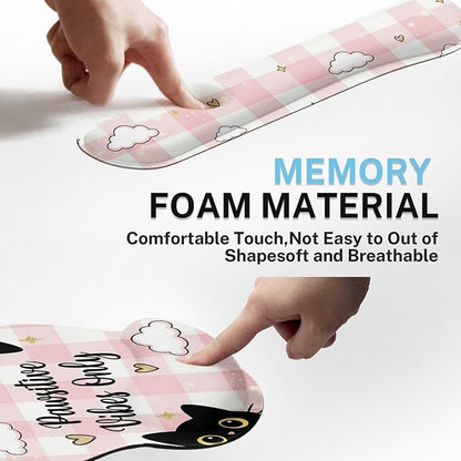 Britimes Pink Cat Kawaii Keyboard Mouse Pad Set Cloud Gingham 4in1 Large Mousepad+Keyboard Wrist Rest+Mouse Wrist Rest+Coaster Ergonomic Design for Home Office Computer 35.4x15.7 inches