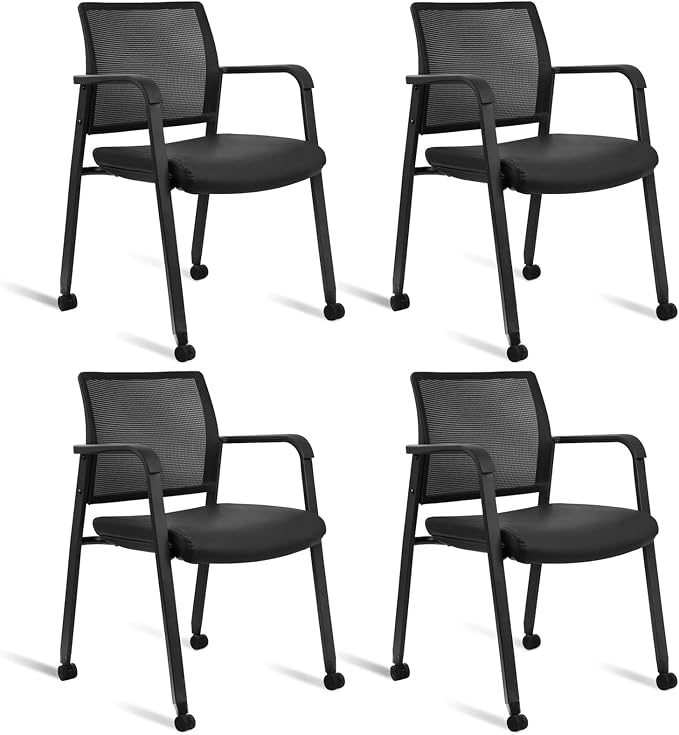 CLATINA Mesh Back Guest Reception Stacking Chair with Wheels, Waiting Room Stackable Chairs with Upholstered Leather Seat & Ergonomic Lumbar Support for Office Conference School Lobby, Black, 4 Pack