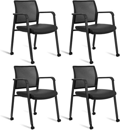 CLATINA Mesh Back Guest Reception Stacking Chair with Wheels, Waiting Room Stackable Chairs with Upholstered Leather Seat & Ergonomic Lumbar Support for Office Conference School Lobby, Black, 4 Pack