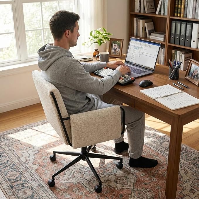 YOUNIKE Wide Seat Home Office Chair with Arms Modern Desk Chair with Wheels Fabric Vanity Chairs with Comfy Back Cross Legs Adjustable Swivel Rolling Computer Task Chair for Study Bedroom Makeup Beige