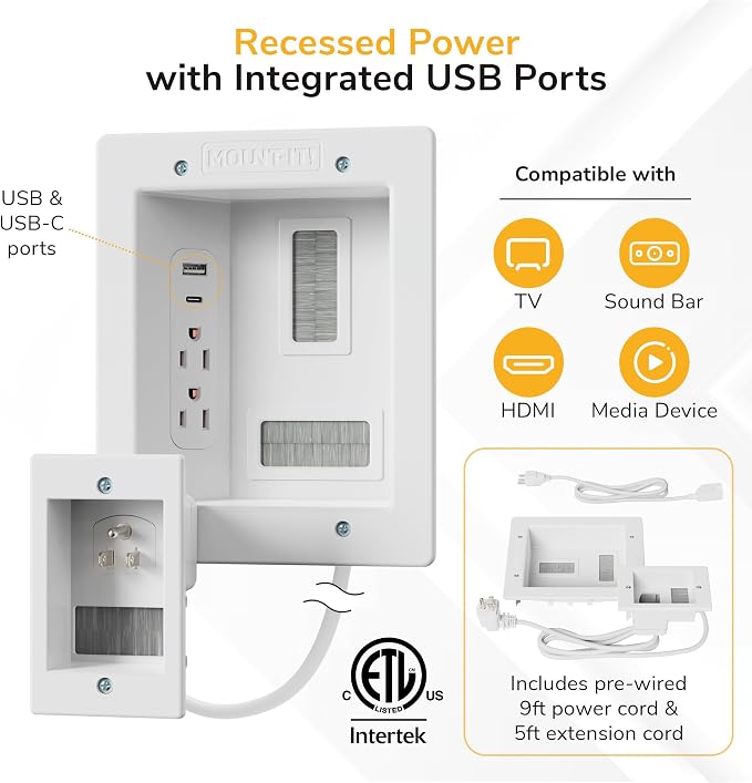 Mount-It in-Wall TV Cable Management Kit, Dual Outlet, TV Cord Hider | ETL Certified Recessed Power with USB-C and USB-A, 9ft Behind-Wall and 5ft External Cords, TV Wire Hider for Wall Mount