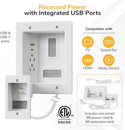 Mount-It in-Wall TV Cable Management Kit, Dual Outlet, TV Cord Hider | ETL Certified Recessed Power with USB-C and USB-A, 9ft Behind-Wall and 5ft External Cords, TV Wire Hider for Wall Mount