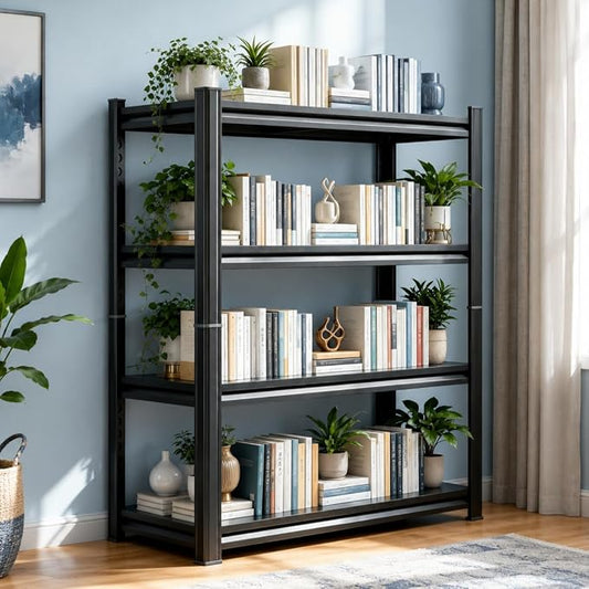 Bolt-Free 4 Tier Metal Bookshelf, 45.5"W Adjustable Tall Bookcase, 1800LBS Heavy Duty Deep Book Shelf, 2 in 1 Industrial Black Wide Bookshelf, Modern Bookshelves for Bedroom, Living Room, 16"D x 63"H