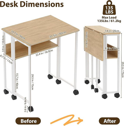 Garvee Folding Desk Small Rolling Desk with Storage Shelf,31.5 Inch Foldable Computer Table for Small Spaces, Space Saving Sofa Table with Wheels for Home Office, Study, Easy Assembly,