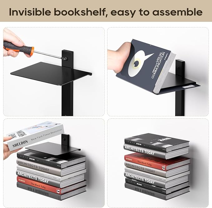 Invisible Floating Bookshelf for Wall, 8 Tier Vertical Spine Book Tower Wall Mounted, Heavy-Duty Metal Book Organizers for Home Office, 4 Pack Black