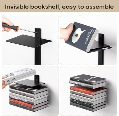 Invisible Floating Bookshelf for Wall, 8 Tier Vertical Spine Book Tower Wall Mounted, Heavy-Duty Metal Book Organizers for Home Office, 4 Pack Black