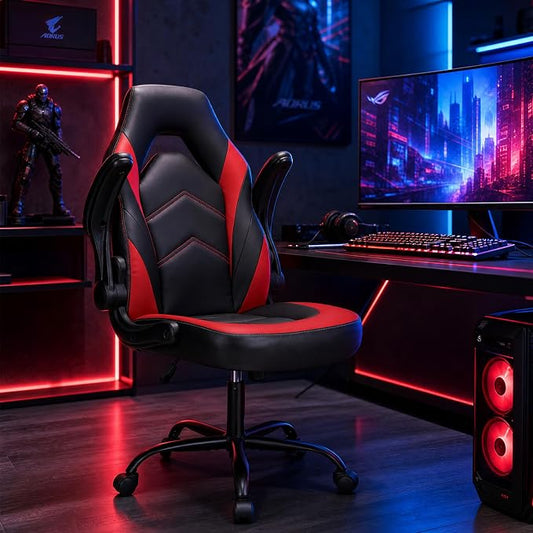 Sweetcrispy Computer Gaming Chair: PU Leather Ergonomic Lumbar Support with Flip-up Armrest and 360° Swivel Wheels, Height Adjustable Task Home Office Desk Video Racing, Red