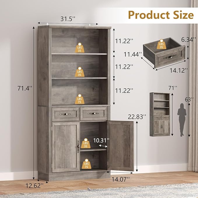 Thacuok 72'' Tall Bookcase with Doors and Drawers, Adjustable Shelves, P2 MDF Construction, 32'' Wide Freestanding Cabinet with Metal Handles, Hidden Storage for Living Room, Bedroom