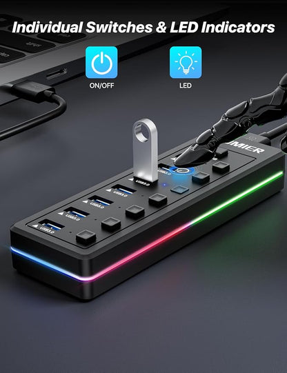 RGB USB Hub,7 Port USB Splitter Data Transfer for Gaming,Home,Office,School | USB 3.0 Hub with RGB LED Strip - Individual LED On/Off Switches for Laptop, PC, Mouse, Keyboard, Hard Drive