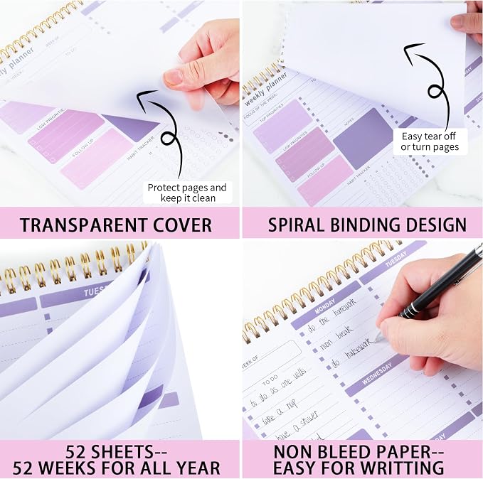Weekly To Do List Notepad, 8.5''x11'' Weekly Desk Planner with 52 Tear Off Sheets Undated Weekly Planner Habit Tracker & Productivity Organizer for Home School and Work, Purple