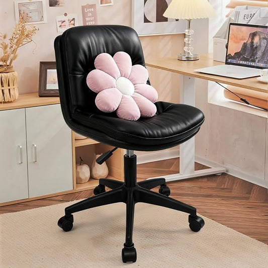 Small Office Desk Chair, PU Leather Armless Swivel Chair with Lumbar Pillow, Height Adjustable Task Chair for Small Spaces, Bedroom & Vanity Black