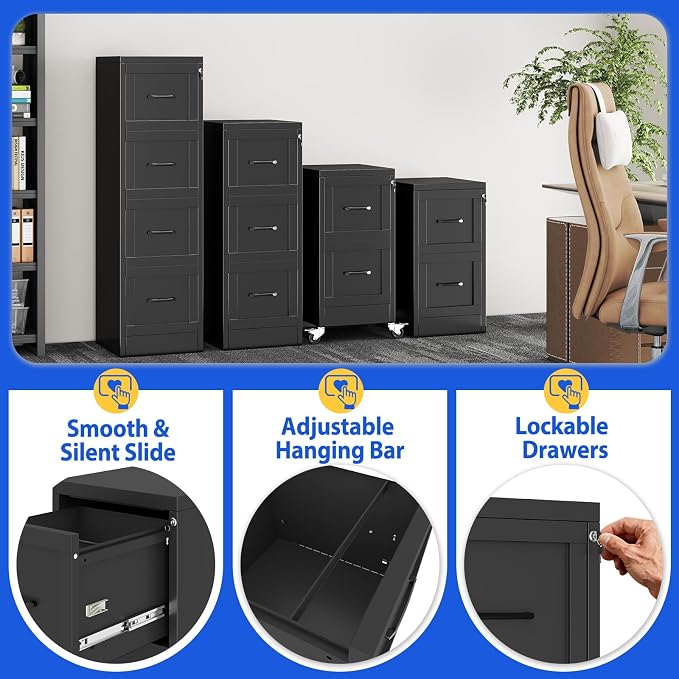 GAIOUS Metal Vertical File Cabinet with Lock, Home Office 3 Drawer Cabinet | 3 Drawer Filing Cabinet, Beside Desk File Cabinet, Black Lockable Storage Cabinet, Fits Letter/Legal/A4 Size
