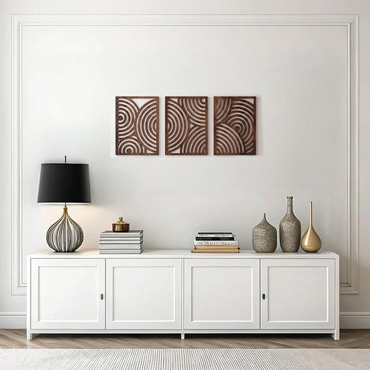qmmp Modern Wooden Wall Sculptures - Set of 3 - Home Decor Accent - Large Wall Art for Living Room, Bedroom, Office - Easy Installation (Walnut, Medium - Orbit)