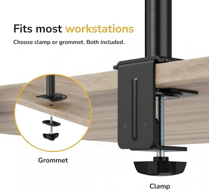 Mount-It Dual Monitor Arm, Desk Mount for 2 Screens 13-32 in, Steel | Holds up to 19.8 lbs Each, Full Motion Tilt Swivel Rotate, VESA 75x75 100x100, Cable Management, C-Clamp or Grommet, Black