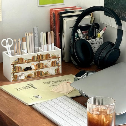 Vintage Cat Book Lover Pen Pencil Holder for Desk, Book Lover Reader Gifts, Cat Gifts for Women Men, Bookish Wooden Box Sign Decorations for Reading Corner Nook Room Classroom Desk