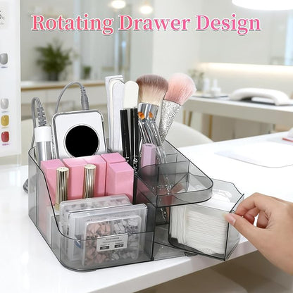 BQAN Transparent Acrylic Nail Desk Organizer with Spinning Drawer, Drill & Brush Holder, Desktop Manicure Tool Storage for Nail Techs, Makeup, Skin Care (Black) - Professional Salon or Home Use