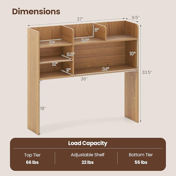 LDAILY 3-Tier Desktop Bookshelf, Wooden Desk Hutch for Computer Monitor Up to 32 Inch, Desk Organizer Shelf with Adjustable Shelf & 6 Storage Shelves, Desk Display Rack for Home Office Dorm (Natural)