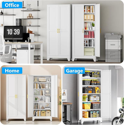 pozdeg 75" Tall Metal Storage Cabinet with 2 Doors & 5 Adjustable Shelves, Steel File Cabinet Multipurpose Organizer for Home Office Garage (White)
