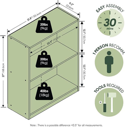 Furinno Gruen Book Shelf, 2-Tier Small Bookshelf, Bookcase with Open Shelf, 9.3 x 21.8 x 27, for Organization and Storage, for Living Room, Bedroom, Home Office, White