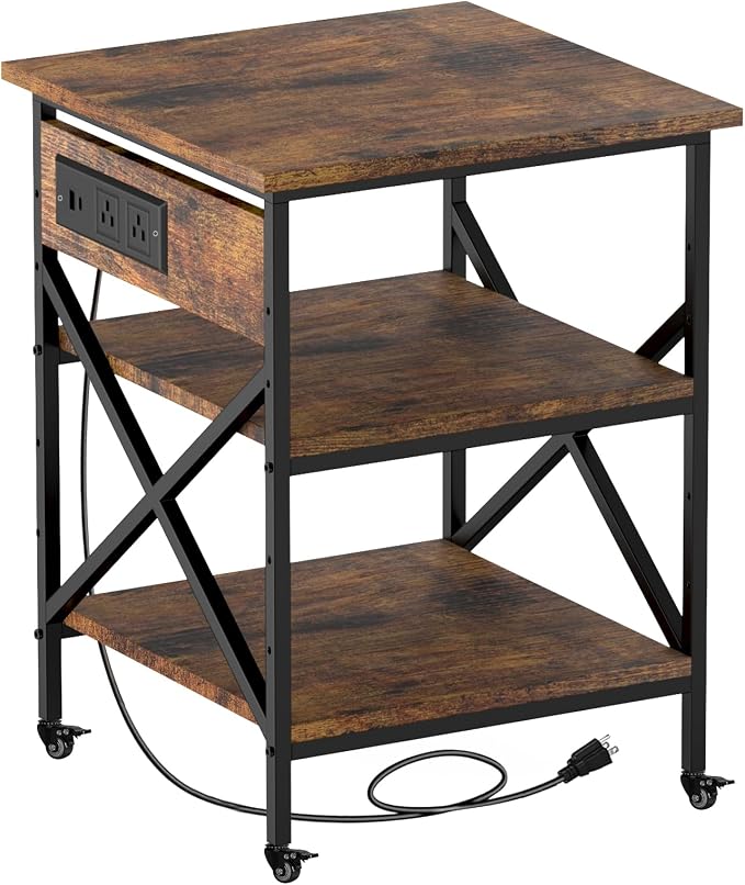 Rustic Brown 3 Tier Large Mobile Printer Stand | Built in power outlet adjustable storage shelves industrial rolling casters size 23.6 x 23.6x 30 inches home office storage