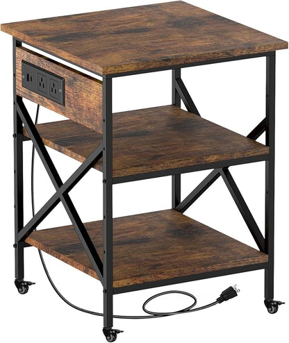 Rustic Brown 3 Tier Large Mobile Printer Stand | Built in power outlet adjustable storage shelves industrial rolling casters size 23.6 x 23.6x 30 inches home office storage