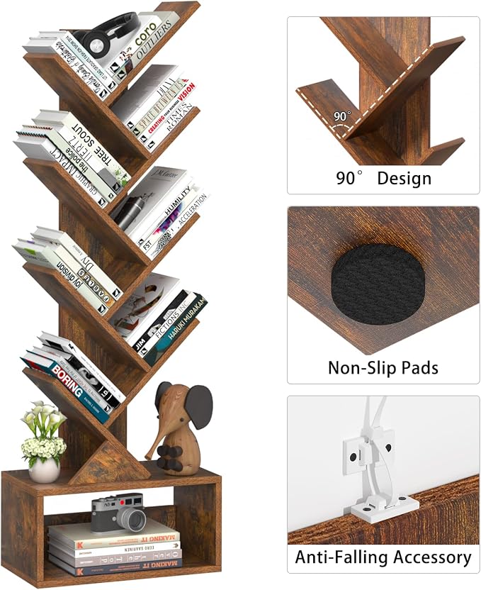 SHEEPAM 9 Tier Tree Bookshelf,Christmas Green Bookcase for Narrow Space, Storage Organizer Floor Standing Bookshelves for Books, Tall Book Case for Home Office, Living Room, Bedroom