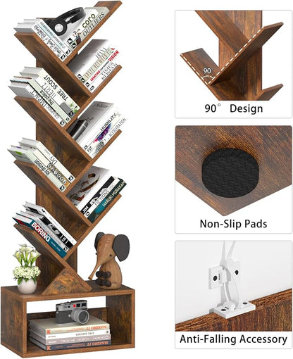 SHEEPAM 9 Tier Tree Bookshelf,Christmas Green Bookcase for Narrow Space, Storage Organizer Floor Standing Bookshelves for Books, Tall Book Case for Home Office, Living Room, Bedroom