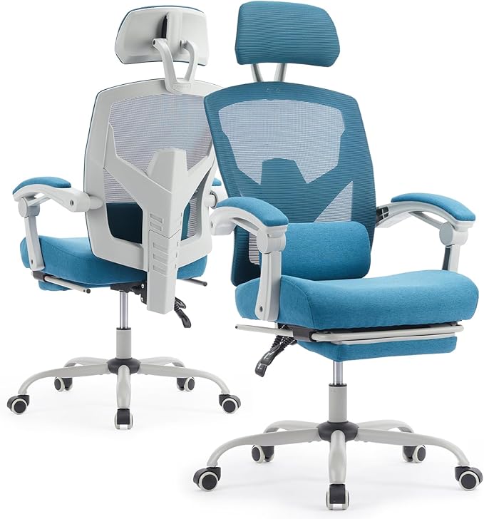 Ergonomic Office Chair with Footrest, High Back Home Desk Computer Chair with Lumbar Support & Headrest, 90-135° Reclining Mesh Back with Wheels for Work, Gaming, Blue