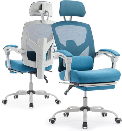 Ergonomic Office Chair with Footrest, High Back Home Desk Computer Chair with Lumbar Support & Headrest, 90-135° Reclining Mesh Back with Wheels for Work, Gaming, Blue